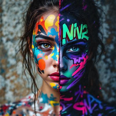 The primary subject of the image is a woman with a unique and artistic appearance. She is painted with a combination of bright colors and graffiti-style patterns, giving her a vibrant and creative look. The setting is a wall, which serves as the backdrop for the woman's striking visual style. The visual style of the image is a mix of photo and digital art, creating a striking and eye-catching portrait. The colors and mood of the image are lively and energetic, reflecting the